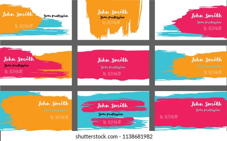 Drawn Business Cards Vector Template Collection. Branding Paint Brush Strokes Banners Set. Creative Modern Artistic Cute Graphic Ads Backgrounds. Hipster Stripes Business Cards Vector Template.