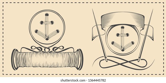 Drawn button and needles in graphic style. Drawn button and spool of thread in graphic style. Vintage tailor labels, emblems and designed elements. Tailor shop theme