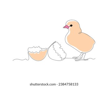 Drawn by hand. Abstract broken empty egg, egg shell and small newborn chick, continuous one line art drawing