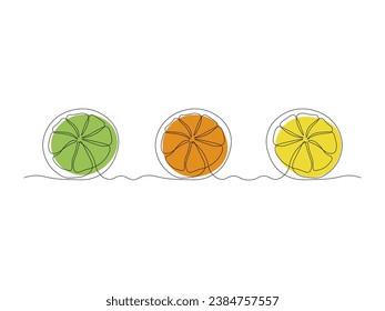 Drawn by hand. Abstract slice of lemon,orange, lime, continuous one line art drawing