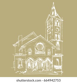 Drawn by hand architectural linear sketch of a catholic church. White on a yellow background. 