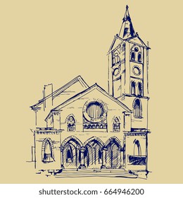 Drawn by hand architectural linear sketch of a catholic church. Blue on a yellow background. 