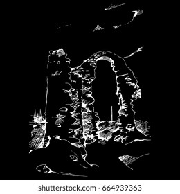 Drawn by hand architectural sketch of a ruined medieval fortress. Negative image, white linear on black background. 
