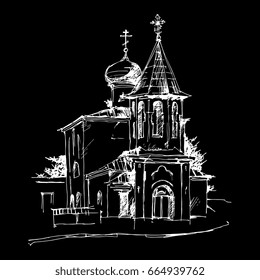 Drawn by hand architectural sketch of an old Russian temple. Negative image, white linear on black background. 