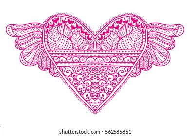 Drawn by hand beautiful openwork heart with wings. Doodle heart for the feast of St. Valentine's Day. Pink line art