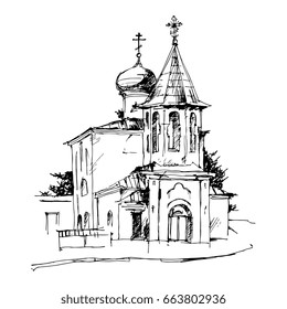 Drawn by hand black and white illustration of a Russian temple