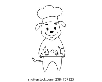 Drawn by hand. Cheerful baker,cook, doodle black and white dog with gingerbread