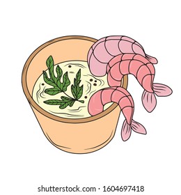 Drawn by hand, Cream the soup with a sprig of parsley and three shrimp. Vector illustration on a white isolated background.Form for banners, postcards.food and drink