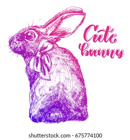 Drawn by hand cute little rabbit with a gradient from pink to purple. a cute little rabbit with a bow on his head.