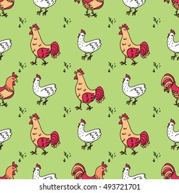Drawn by hand funny hen and roosters seamless vector pattern