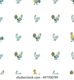 Drawn by hand funny hen and roosters seamless vector pattern
