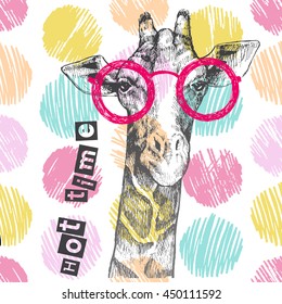 Drawn by hand giraffe. Bright giraffe glasses - hipster. Hot time. Summer print on clothing, shoes, T-shirt, raglan. Vector