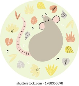 Drawn by hand grey rat illustration on green background. Vector mouse doodle sketch with plant elements. Decorative autumn design.
