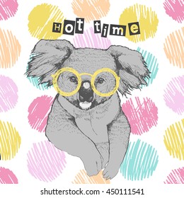 Drawn by hand koala. Bright koala glasses - hipster. Hot time. Summer print on clothing, shoes, T-shirt, raglan. Vector