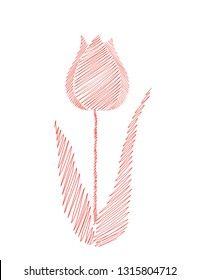 Drawn by hand. Line in the shape of a tulip flower. Vector on white background. Isolated. Greeting card for the holiday. Free space for text