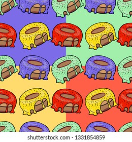 Drawn by hand. Pattern donuts in different colors. Seamless image.
