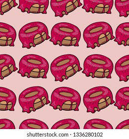 Drawn by hand. Pattern donuts in different colors. Seamless image.
