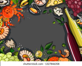 Drawn by hand. Top view, background for a fish menu, template. Fish set: seafood, scallops, shrimps, arugula, olives, pepper, arugula, crabs, rosemary, spices, lemon.
