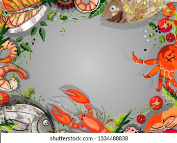  Von Hand gezeichnet. Draufsicht, Hintergrund für ein Fischmenü, Vorlage. Fischset: Meeresfrüchte, Kammmuscheln, Garnelen, Tomaten, Oliven, Paprika, Arugula, Rosmarin, Gewürze, Zitrone.