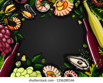 Drawn by hand. Top view, background for a fish menu, template. Fish set: seafood, scallop, shrimp, tomatoes, olives, peppers, arugula, rosemary, spices, lemon.
