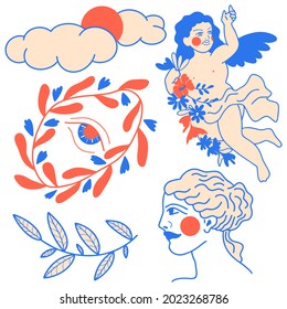 Drawn by hand, vector image. Set of vintage stickers.
