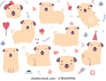 Drawn by hand vector set of cartoon pugs on white background. Vector illustration of different doodle colorful elements and doggies. Childish design.