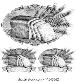 drawn by hand with a woodcut or engraving look, bread and wheat in an ornate frame with scroll ready for your label design.