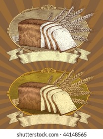 drawn by hand with a woodcut or engraving look, bread and wheat in an ornate frame with scroll ready for your label design.