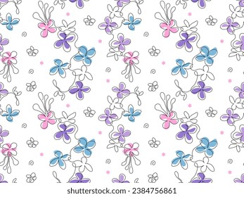 Dibujado a mano.Patrón sin soldadura con flores, dibujo de una línea continua
