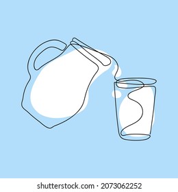 drawn by one continuous line a jug from which milk is poured into a glass against a background of white abstract spots on a blue background. lineart