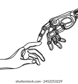 drawn by one continuous line of human and robot hands touching, fusion of artificial intelligence and humanity.