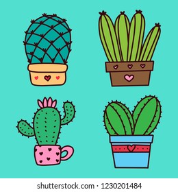 Drawn Cactus Collection Set Cute Floral Mexican