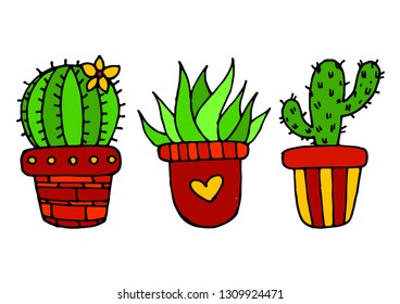 Drawn Cactus Collection Set Cute Floral Mexican