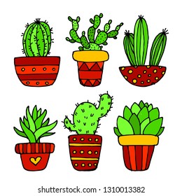 Drawn Cactus Collection Set Cute Floral Mexican