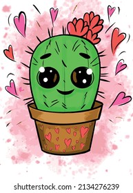 Drawn cactus in love with eyes on the background of hearts. Day of love and lovers, notebook cover, notepad cover, printable
