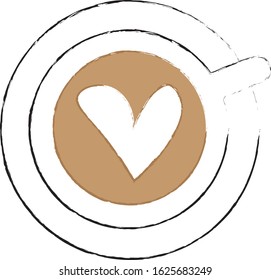 drawn cafe with a heart, top view. a mug of coffee stands on a saucer, latte art.