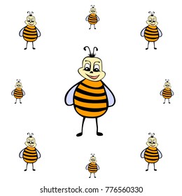 Drawn cartoon bee background template. Vector backdrop with cute and colorful insect doodle for wallpapers, wrapping paper, textile or fabric, book, brochure or comics. Animal artwork with happy bee.