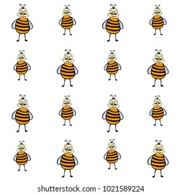 Drawn cartoon bee repeating pattern. Vector background with cute and colorful insect doodle for wallpapers, wrapping paper, textile or fabric, book, brochure or comics. Animal artwork with happy bee.
