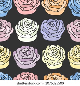 Drawn cartoon buds of roses of different colors without countors on black background. Flowers. Floral pattern. Abstract wallpaper. Vector seamless pattern.