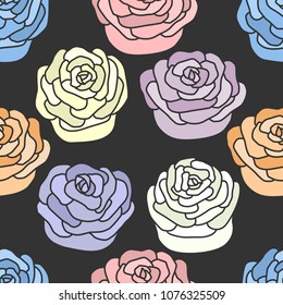 Drawn cartoon buds of roses of different colors without countors on black background. Flowers. Floral pattern. Abstract wallpaper. Vector seamless pattern.