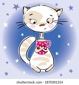 Drawn cartoon cat against the background of the starry sky.