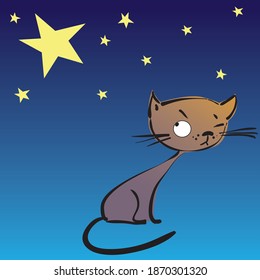 Drawn cartoon cat against the background of the starry sky.