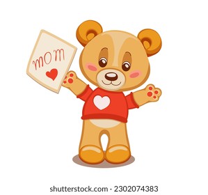 drawn cartoon cute teddy bear and heart his shirt holding paper and word mom    heart it  Isolated design element for Mother's Day greeting card  Vector illustration