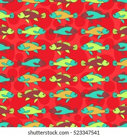 Drawn cartoon fish seamless pattern, vintage abstract vector background. Multicolored fish in a row on a red background, repeating element. For the design of the fabric, wallpaper