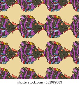 Drawn cartoon fish seamless pattern, nautical vector background. Abstract yellow fish in a row on a yellow background, repeating element.