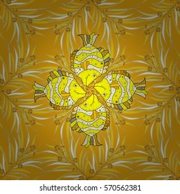 Drawn cartoon fish seamless pattern, nautical vector background. Abstract yellow fish in a row on a yellow background, repeating element.