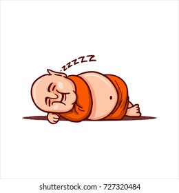 Drawn cartoon funny character - monk in orange robe. Clipart for sticker or print. Fat bald Buddha lies on floor with hands under head and snores and sleeps sweetly.