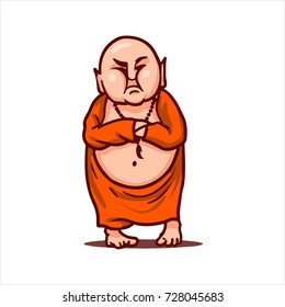 Drawn cartoon funny character - monk in orange robe. Clipart for sticker or print. Fat bald Buddha stands with crossed arms and looks critically, upset and angry.