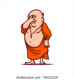 Drawn cartoon funny character - monk in orange robe. Clipart for sticker or print. Fat bald Buddha stands and make facepalm - upset and put hand on face.