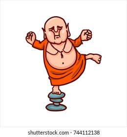 Drawn cartoon funny character - monk in orange robe. Clipart for sticker or print. Fat bald Buddha freeze on one leg pose and balanced on stones, make yoga and meditates.